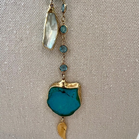 One of a kind Turquoise, Baroque Pearl & Aquamarine Lariat Necklace - Picture 5 of 9